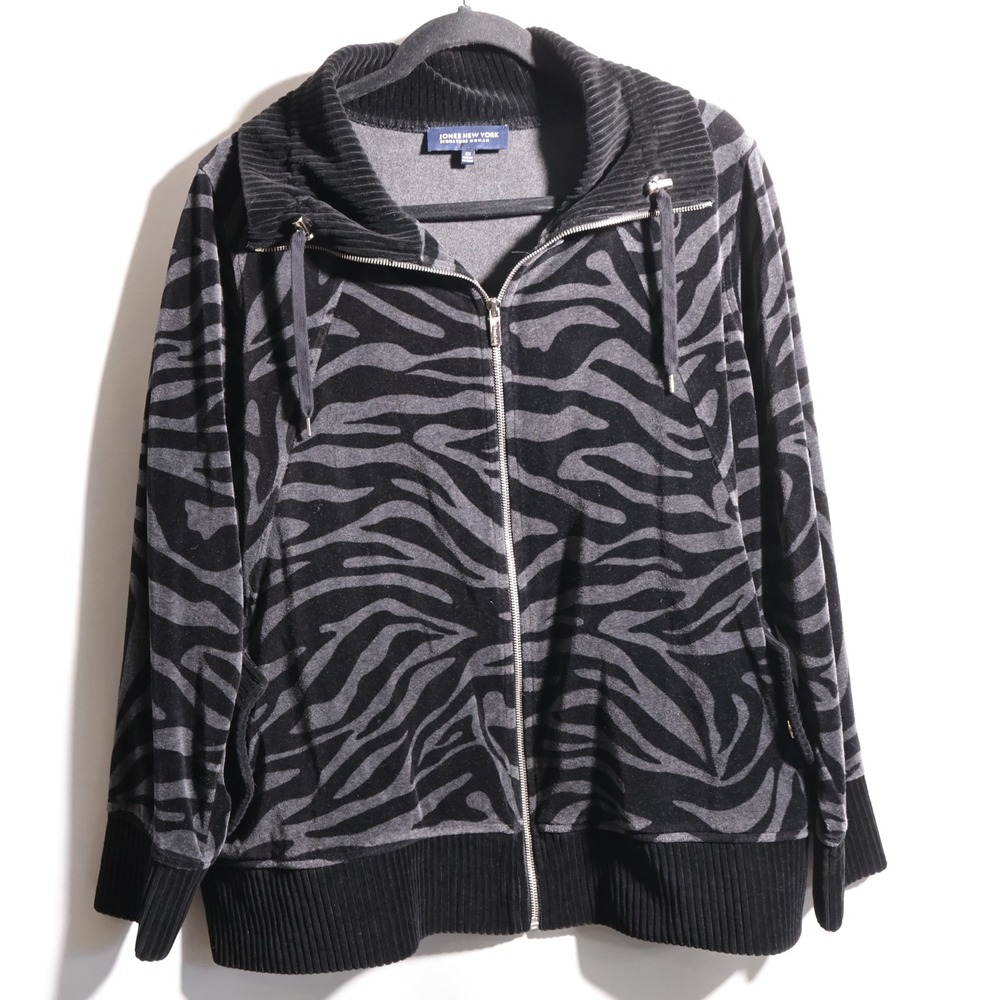 VTG Black Gray Velour Zebra Print Zip Jacket Mob Wife Lounge Y2K Womens 2X